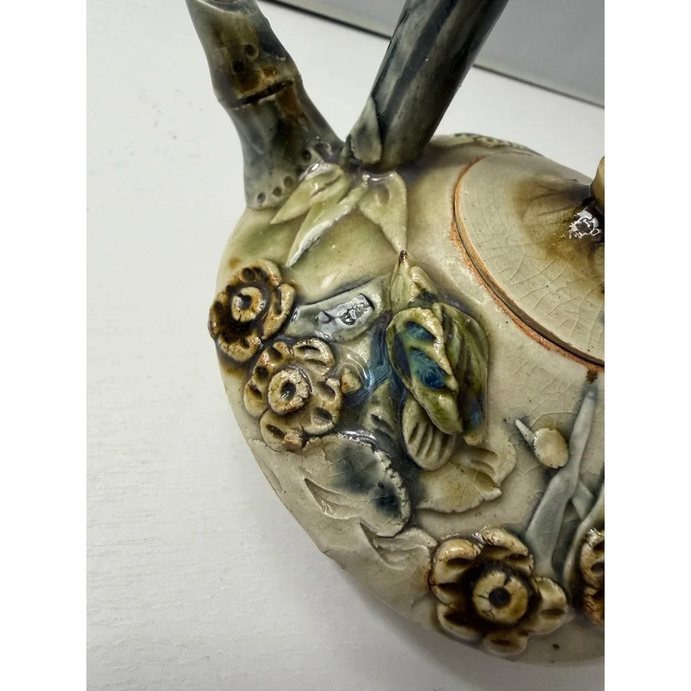 Vintage Ceramic Teapot Cream Green Bamboo Handle Floral Crazed